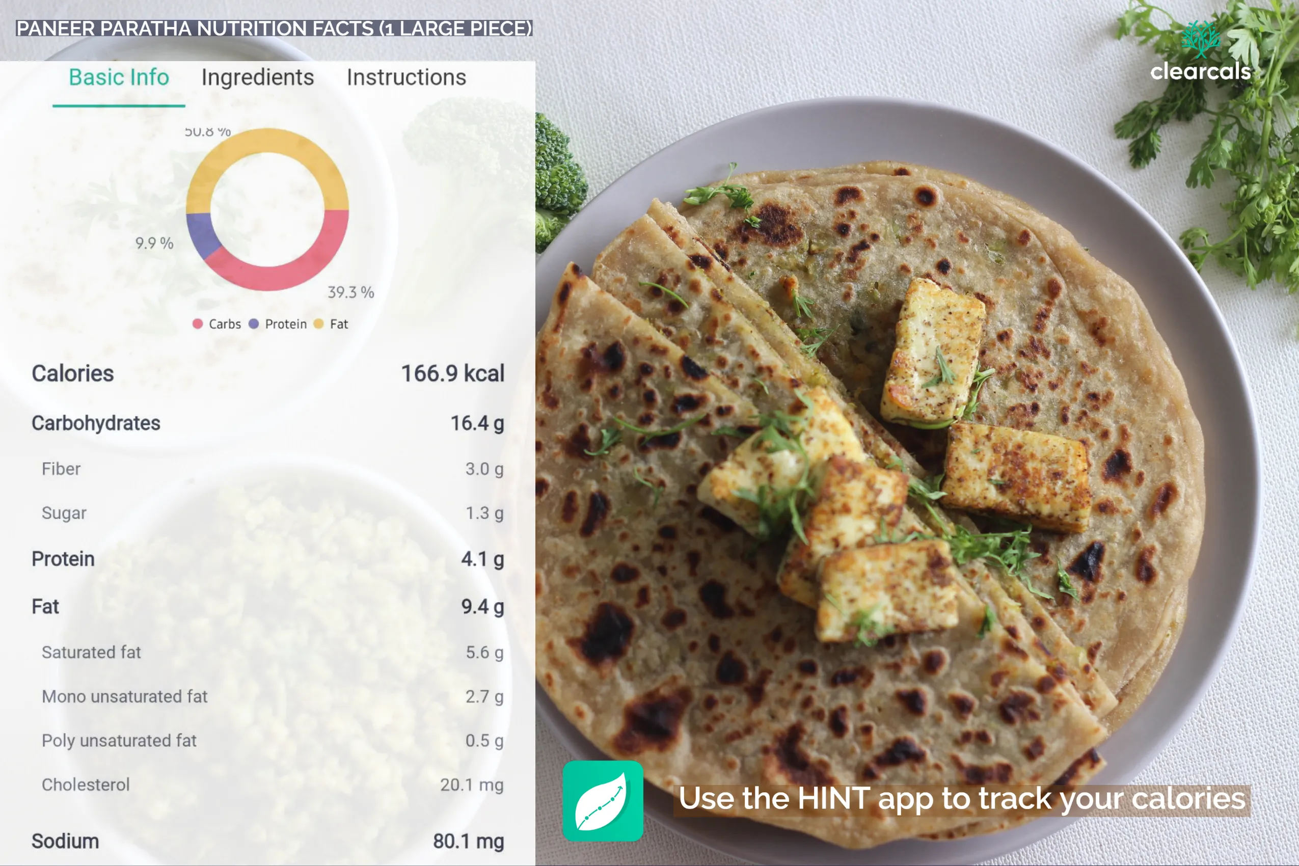 paneer paratha calories One large piece of paneer paratha contains 167 kcal. Paneer paratha contains 39% carbohydrates, 10% protein, and 51% fat. Download the Hint app to track your calories.