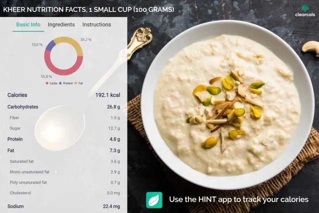 One small cup (100 grams) of kheer has 192 kcal. 56% of these calories are from carbohydrates, 10% from protein, and 34% from fat. Use Hint app to track your calories.