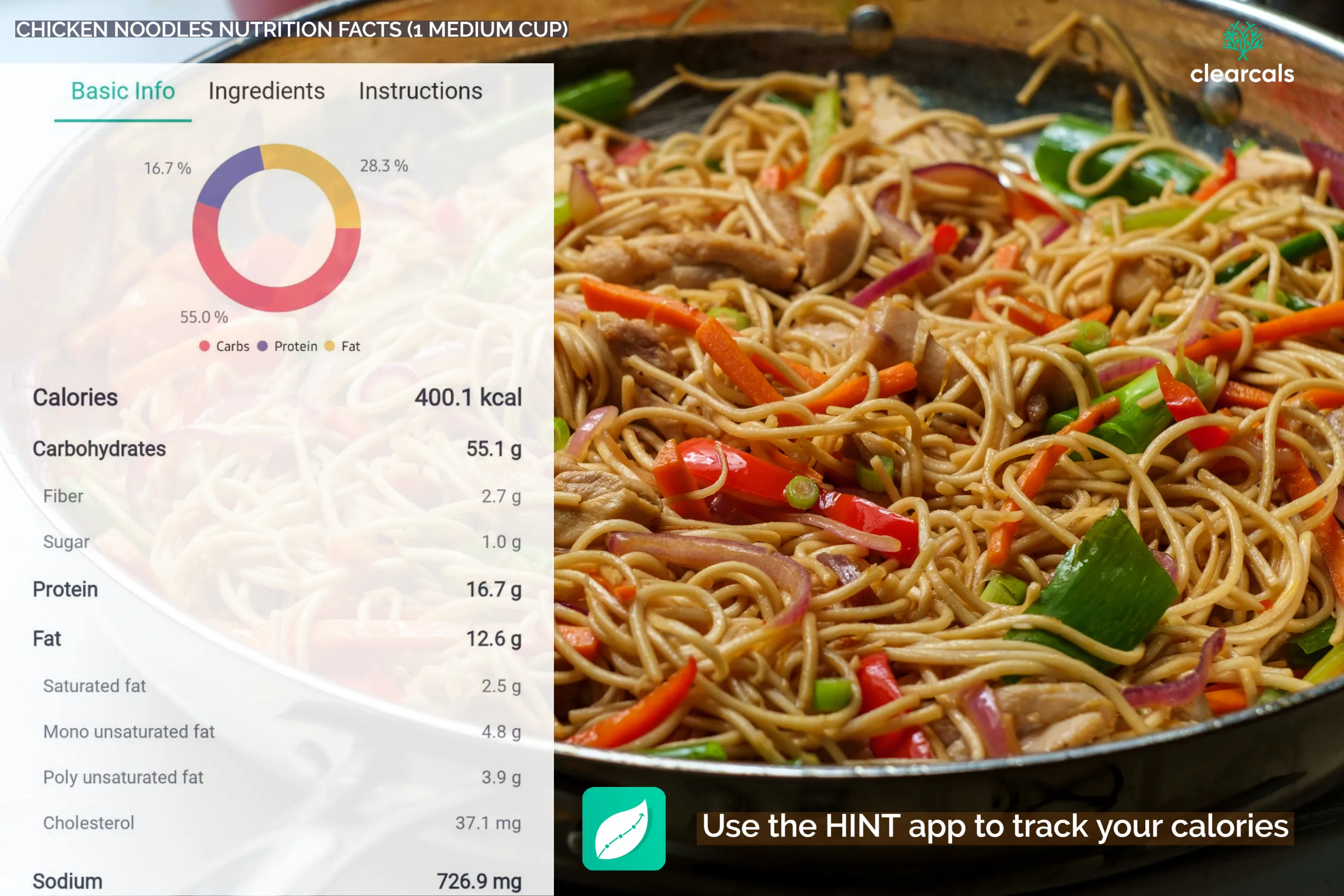 chicken noodles calories One medium cup of chicken noodles has 400 kcal. Chicken noodles contains 55% carbohydrates, 17% protein, and 28% fat. Download the HINT app to track your calories.