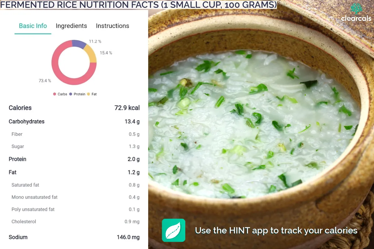 Fermented_Rice_Calories A small cup (100g) of fermented rice contains 73 kcal, with 73.4% of the calories coming from carbohydrates, 11.2% from protein, and 15.4% from fat.