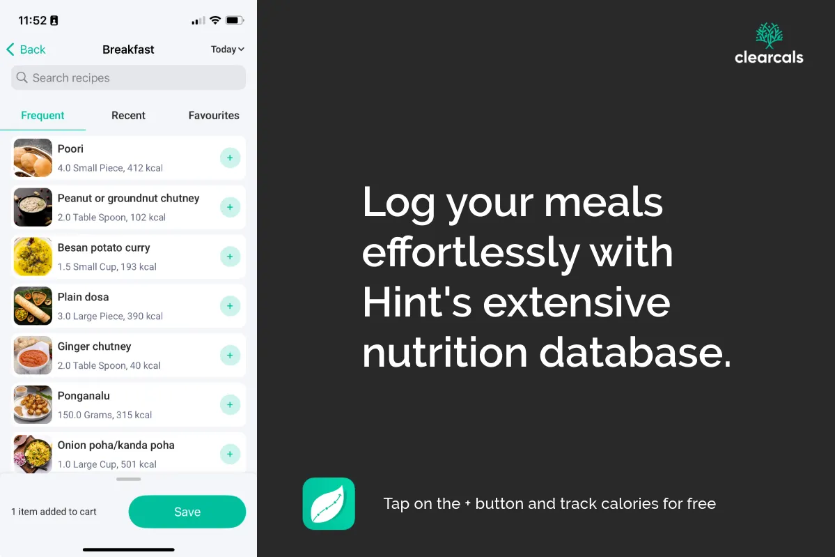 Log your meals effortlessly with Hint's extensive nutrition database.