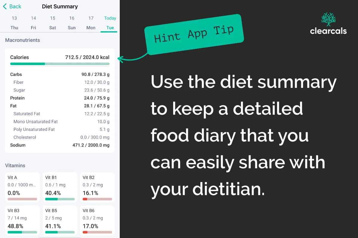 Online_Dietitian_Consultation_Diet_Summary Use the diet summary to keep a detailed food diary that you can easily share with your dietitian.