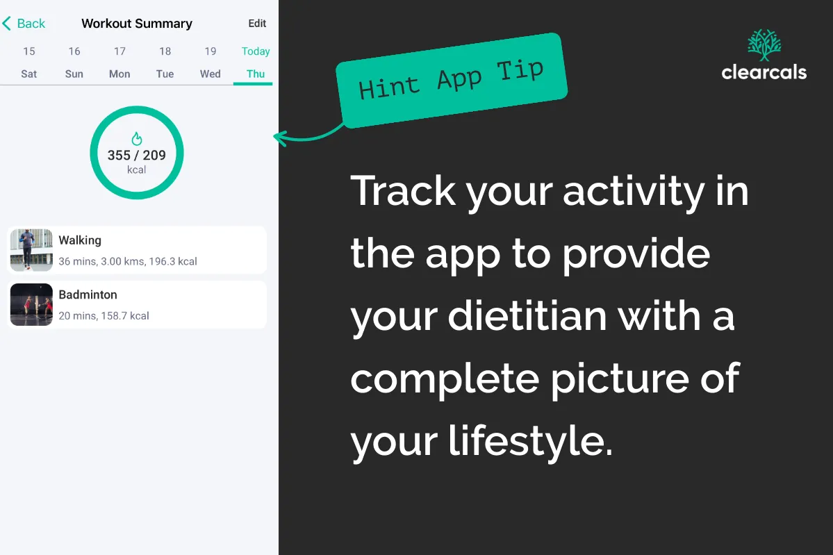 Online_Dietitian_Consultation_Workout_Summary Track your activity in the Hint app to provide your dietitian with a complete picture of your lifestyle.