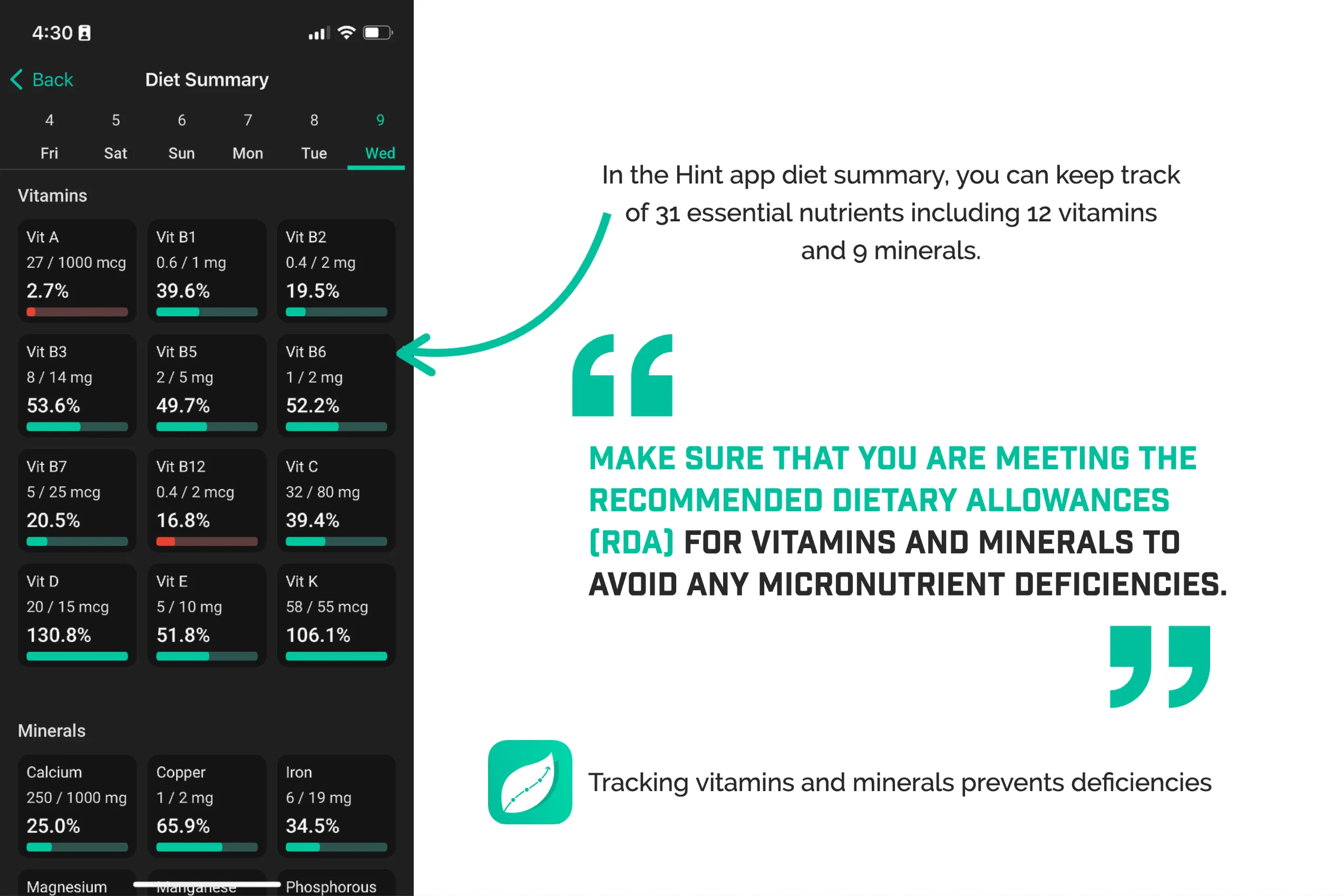 Vitamin-tracker and mineral-tracker-app Track vitamins and minerals, prevent deficiencies using Hint app.