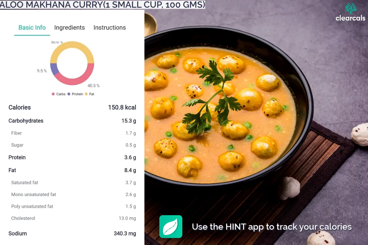 aloo-makhana-curry 1 small cup ( 100 grams ) of aloo makhana curry has 151 kcal. Out of these calories, 40.5 % is from carbohydrates, 9.5 % is from protein, and 50 % is from fat.