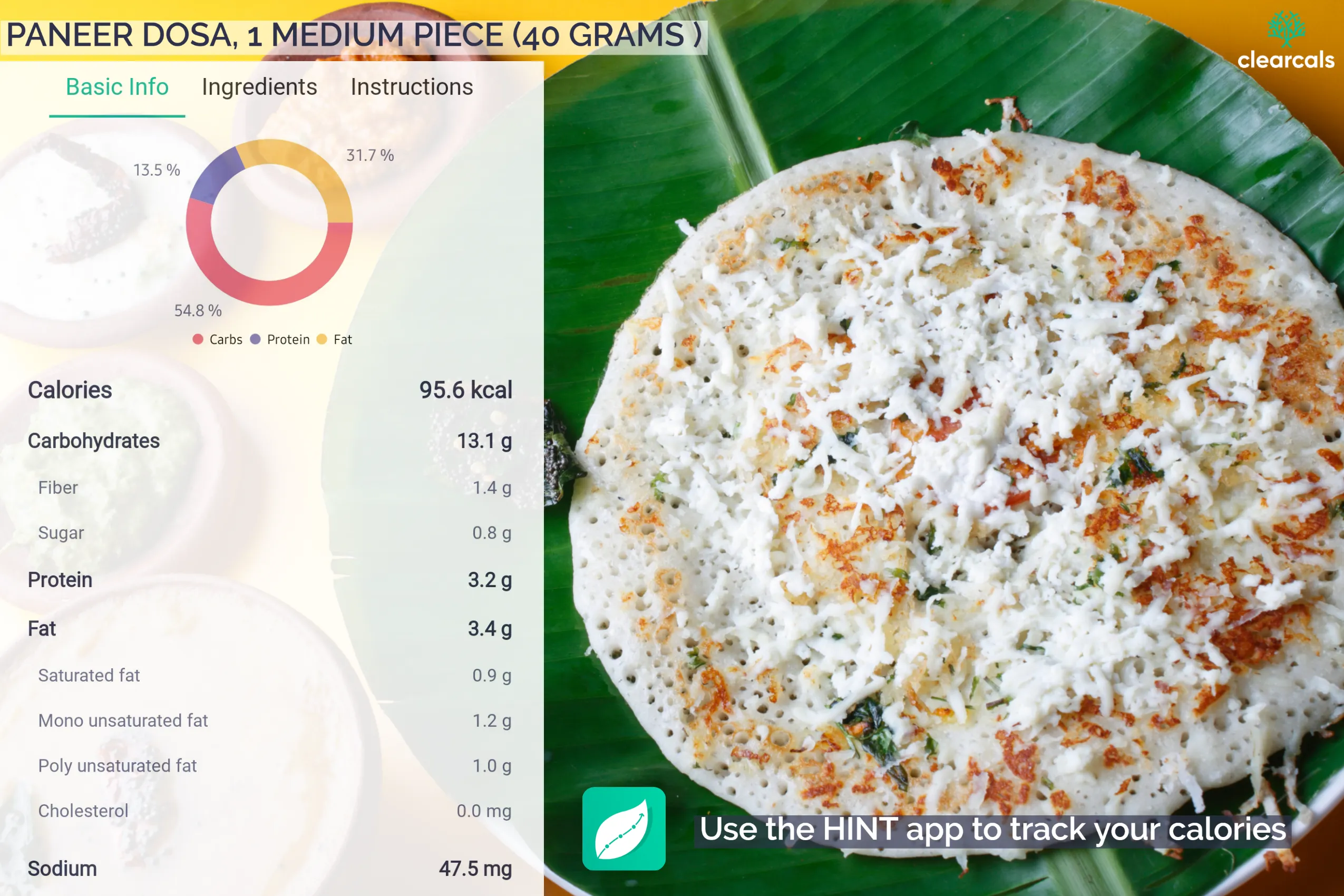 paneer dosa calories One medium piece (40 grams) of paneer dosa has 96 kcal. It contains 55% carbohydrates, 13.5% protein, and 32% fat. Download the HINT app and track your calories.