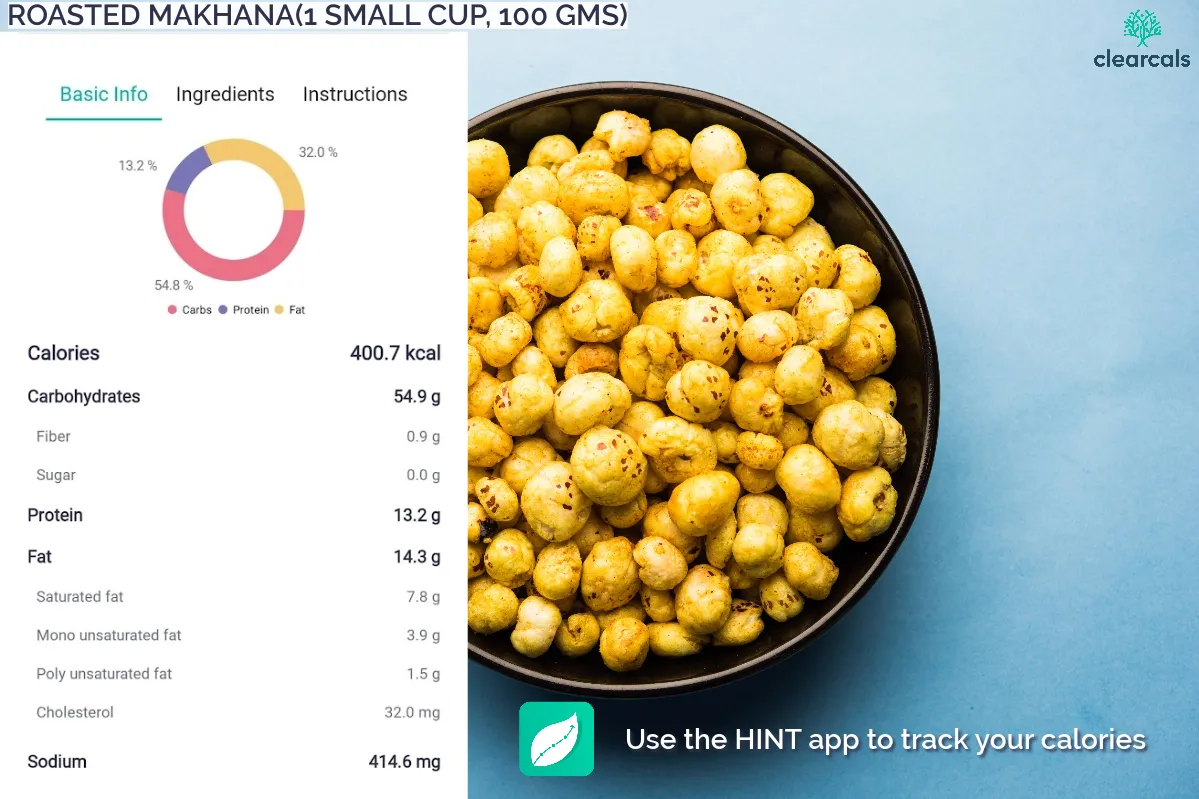 roasted-makhana-calories 1 small cup (100 grams) of roasted makhana provides 401 kcal. Out of these calories, 54.8 % is from carbohydrates, 13.2 % is from protein, and 32.0 % is from fat.