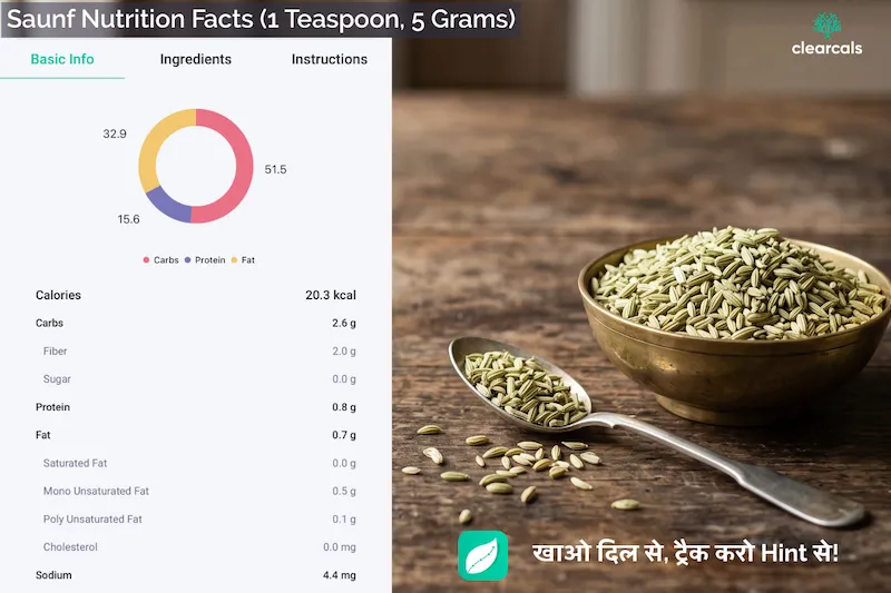 सौंफ में कैलोरी, पोषण और फायदे: पानी, तासीर और नुकसान | Clearcals