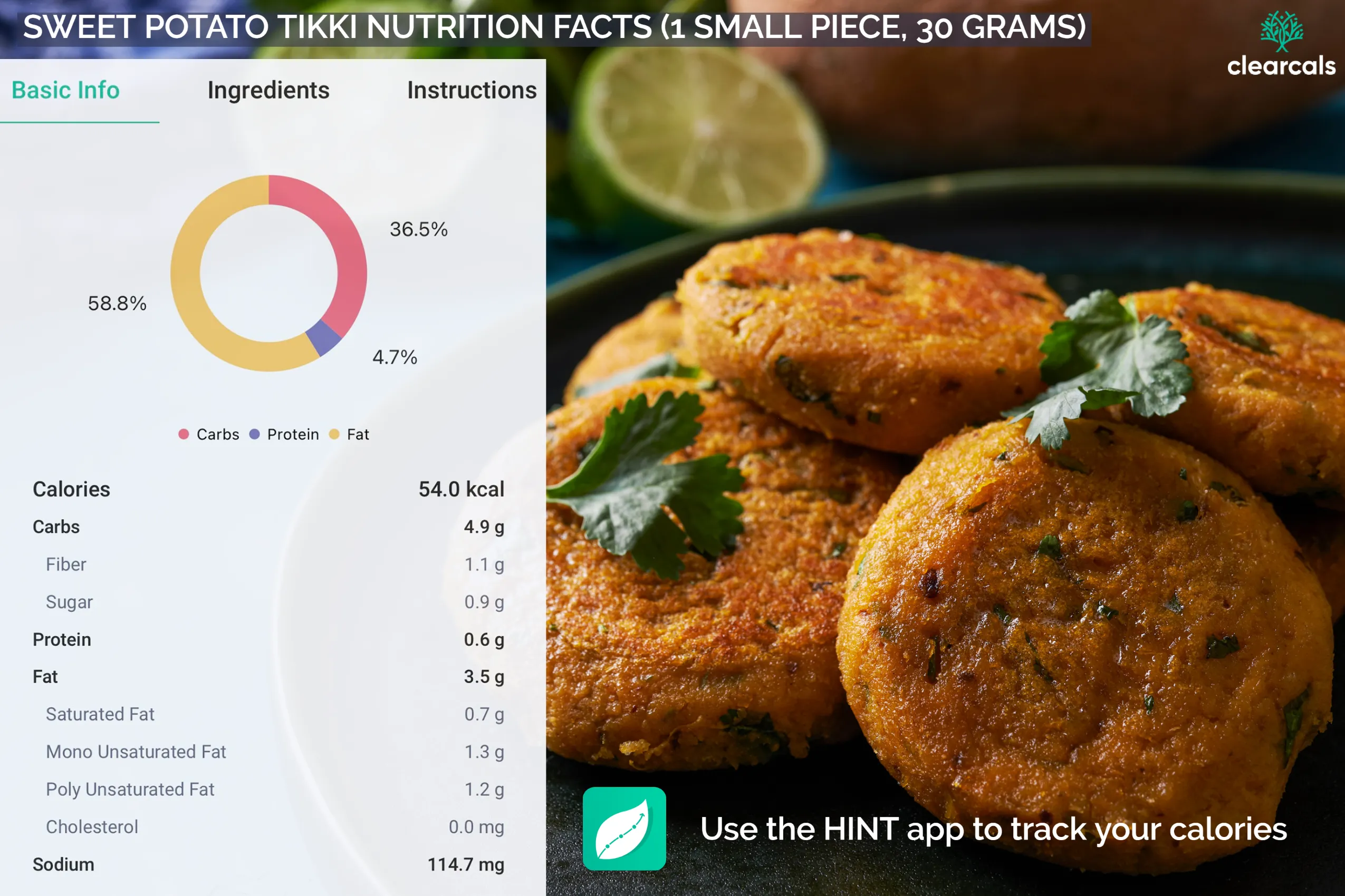One small piece of Sweet potato tikki contains 54 kcal calories. 36.5% of this calorie is from carbohydrates, 4.7% is from protein, and 58.8% is from fat. Download the HINT app and track your calories.