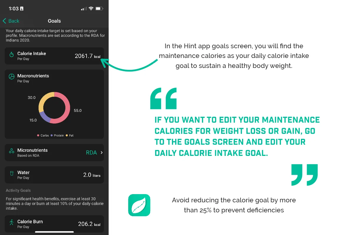 use-hint-to-edit-maintenance-calories The Hint app also allows you to tailor your maintenance calorie goals to align with your specific health and fitness objectives.