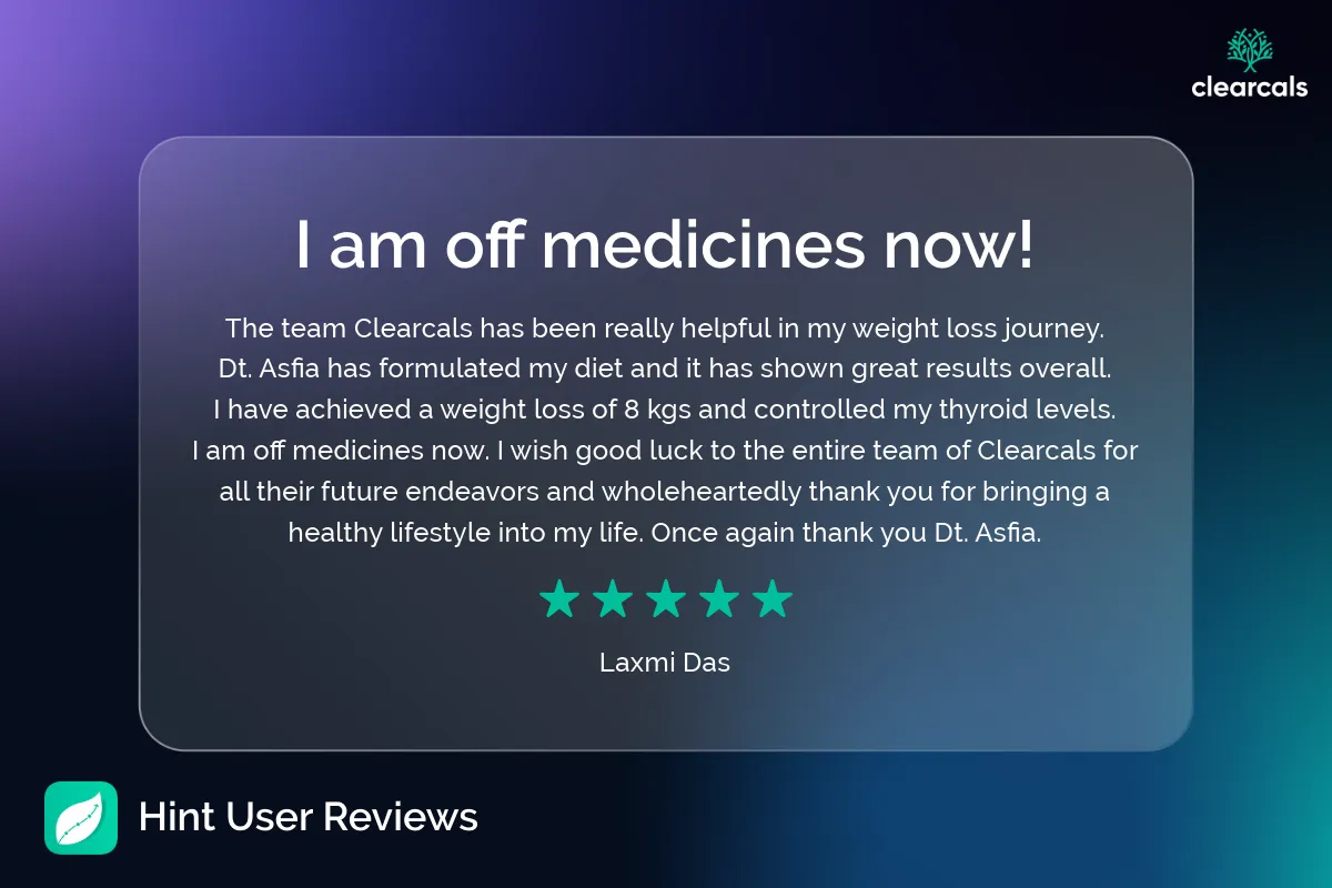 Hint_User_Reviews_11 The team Clearcals has been really helpful in my weight loss journey.   Dt. Asfia has formulated my diet and it has shown great results overall.  I have achieved a weight loss of 8 kgs and controlled my thyroid levels.  I am off medicines now.   I wish good luck to the entire team of Clearcals for all their future endeavors and wholeheartedly thank you for bringing a healthy lifestyle into my life. Once again thank you Dt. Asfia.