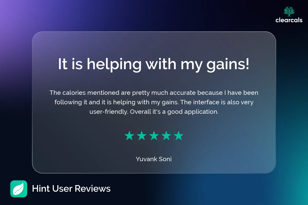 Hint_User_Reviews_5 The calories mentioned are pretty much accurate because I have been following it and it is helping with my gains. The interface is also very user-friendly. Overall it's a good application.