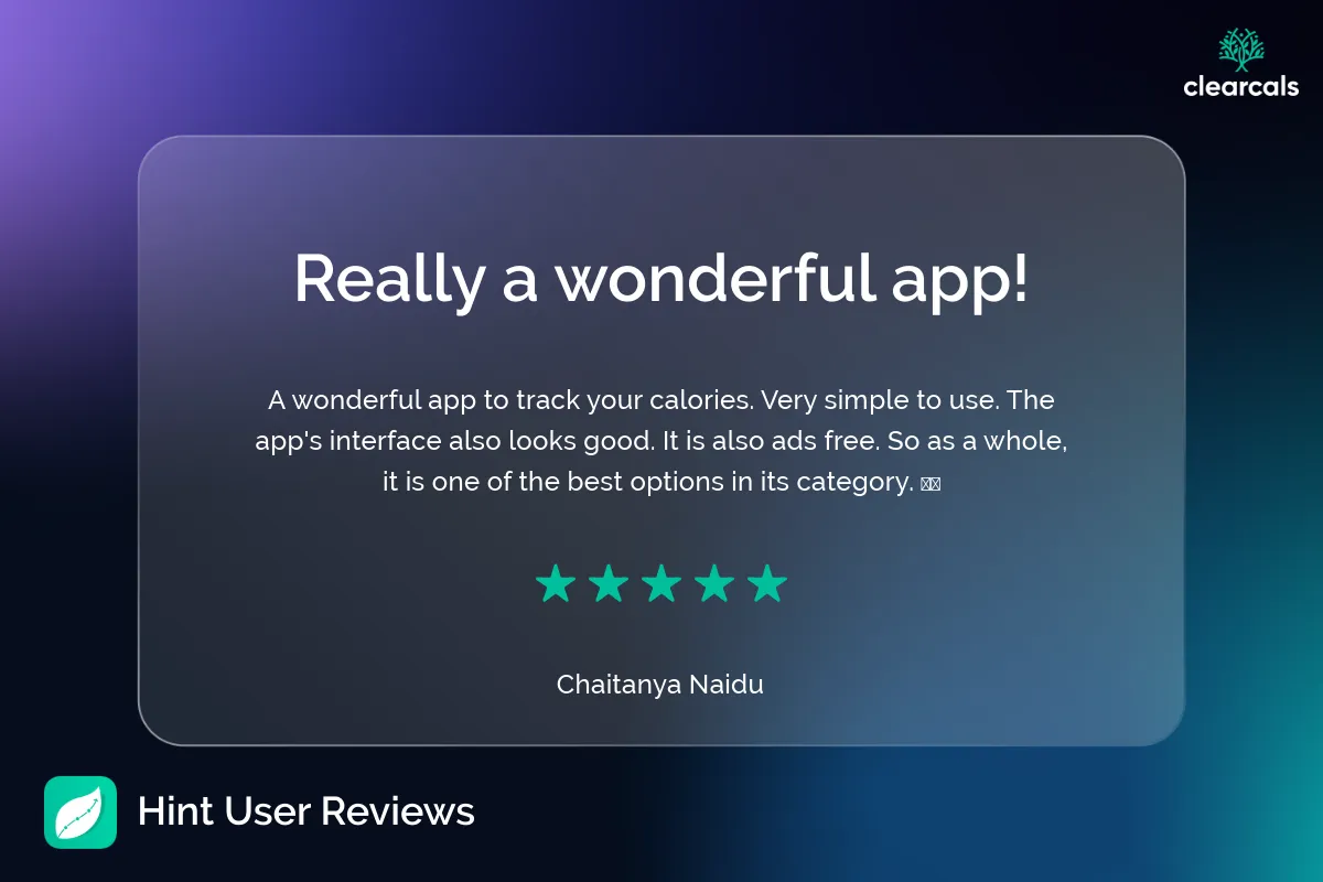 Hint_User_Reviews_7 A wonderful app to track your calories. Very simple to use. The app's interface also looks good. It is also ads free. So as a whole, it is one of the best options in its category. 👌👍